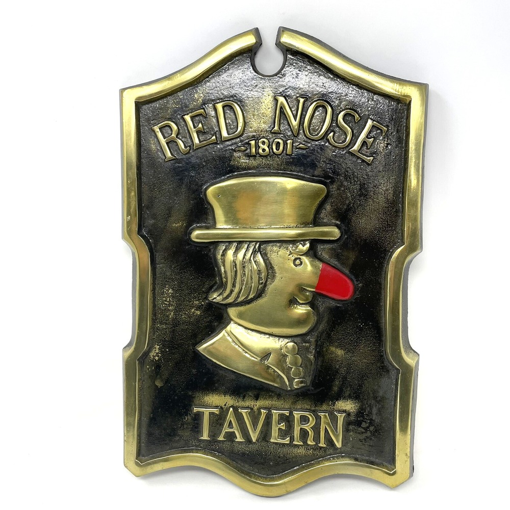 Vintage 60s Bar Metal Sign "Red Nose Tavern"‎ 14.5" Tall 9.25" Wide Brass Finish